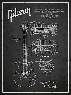 Wall Art - Digital Art - Mccarty Gibson Les Paul guitar patent Drawing from 1955 -  Dark by Aged Pixel