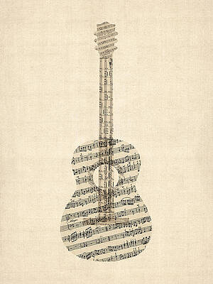 Wall Art - Digital Art - Acoustic Guitar Old Sheet Music by Michael Tompsett