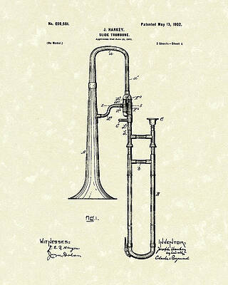Wall Art - Drawing - Brass Trombone Musical Instrument 1902 Patent by Prior Art Design