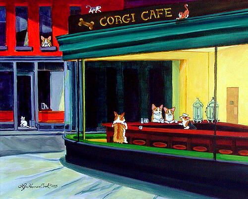 Wall Art - Painting - Corgi Cafe after Hopper by Lyn Cook