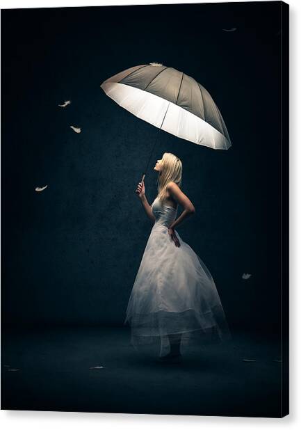 Girl With Umbrella And Falling Feathers Canvas Print