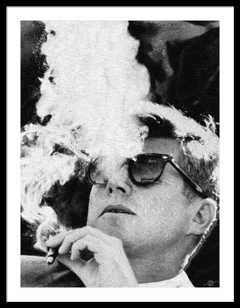 John F Kennedy Cigar And Sunglasses Black And White Framed Print