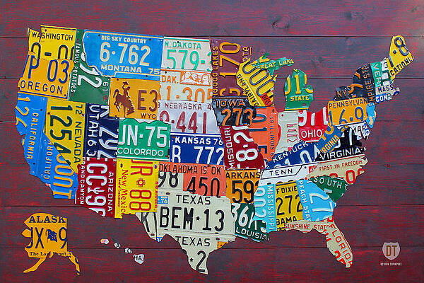 Wall Art - Mixed Media - License Plate Map of The United States by Design Turnpike