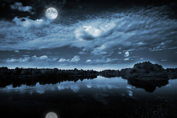 Wall Art - Photograph - Moonlight over a lake by Jaroslaw Grudzinski