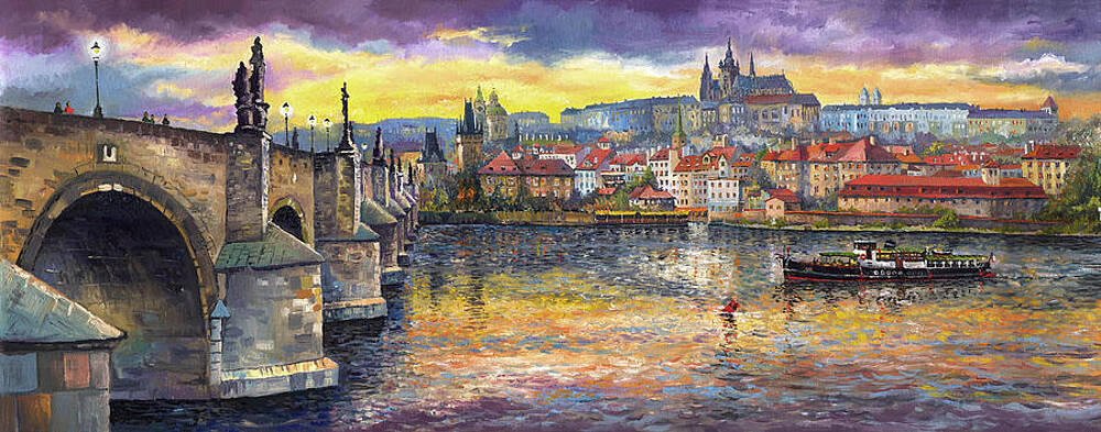 Wall Art - Painting - Prague Charles Bridge and Prague Castle with the Vltava River 1 by Yuriy Shevchuk