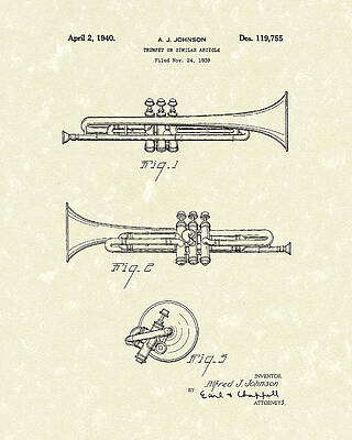 Wall Art - Drawing - Trumpet 1940 Patent Art by Prior Art Design