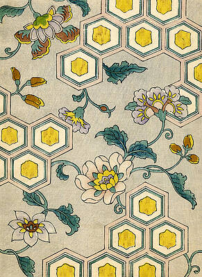 Wall Art - Painting - Vintage Japanese illustration of blossoms on a honeycomb background by Japanese School