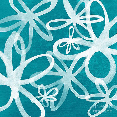 Wall Art - Painting - Waterflowers- teal and white by Linda Woods
